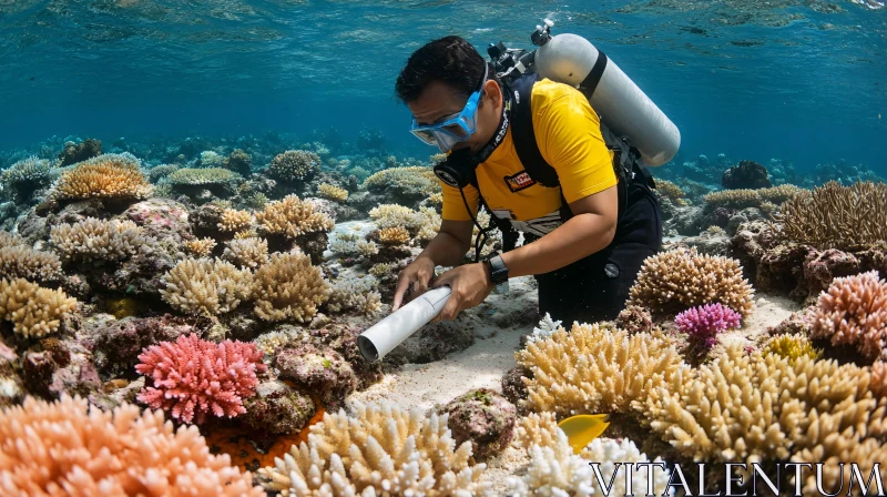 Diver Inspecting Coral Reef AI Image