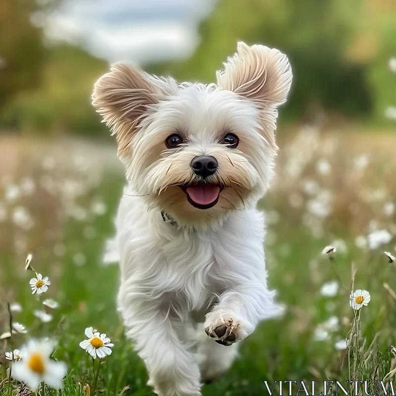 Happy Puppy in a Blossoming Field AI Image