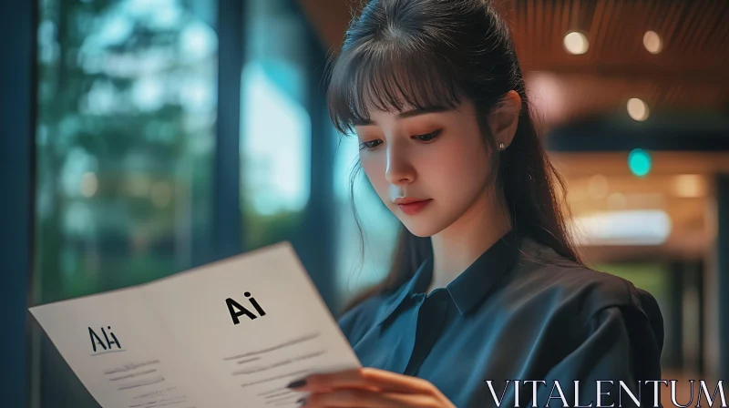 AI ART Woman Concentrating on AI Document