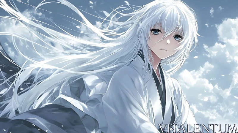 Character with Long White Hair and Blue Sky AI Image