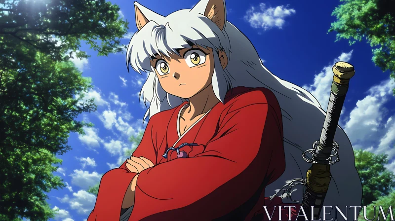 Anime Warrior in Red Outfit with White Hair AI Image