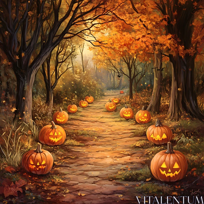 Mystical Autumn Pathway with Carved Pumpkins AI Image