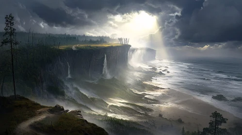 Ethereal Coastal Landscape with Waterfalls and Dramatic Light