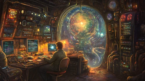 Man Coding in Front of a Cosmic Portal