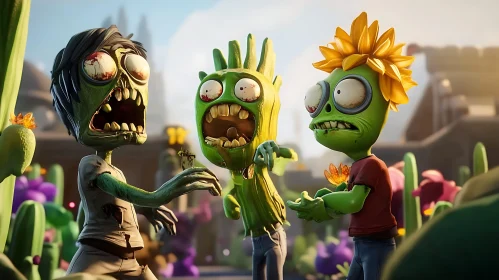 Cartoon Zombies in a Garden Setting