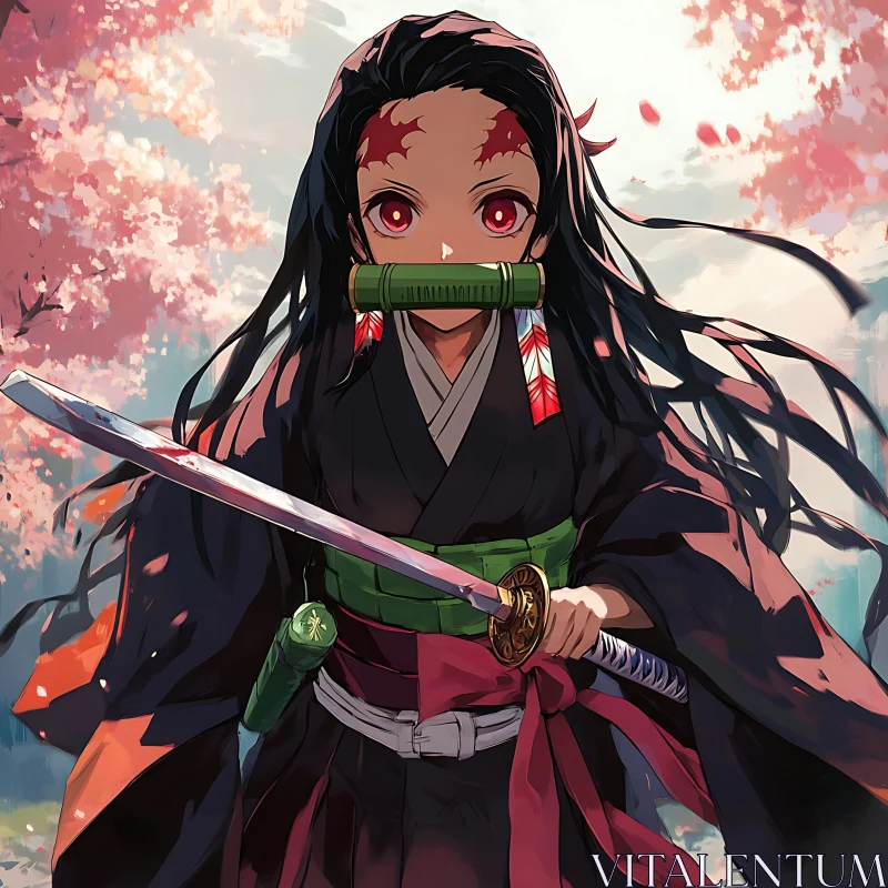 Sword-Wielding Anime Girl Amidst Cherry Blossoms AI Image