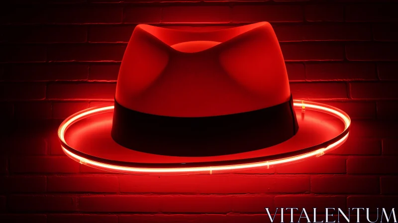 Red Fedora Hat on Brick Wall - Captivating Neon Realism AI Image
