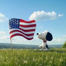 Cartoon Dog Admiring American Flag in a Sunny Field