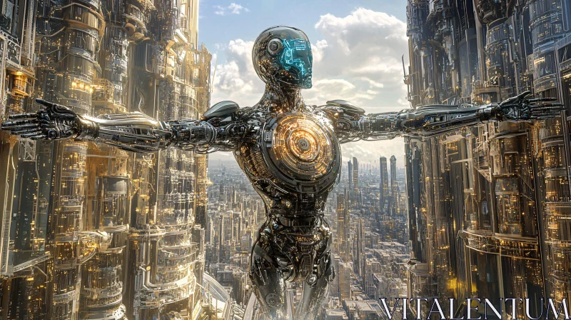 Advanced Cyborg Amidst Technological Cityscape AI Image