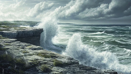 Wild Ocean: Waves Crashing on Rocky Shore