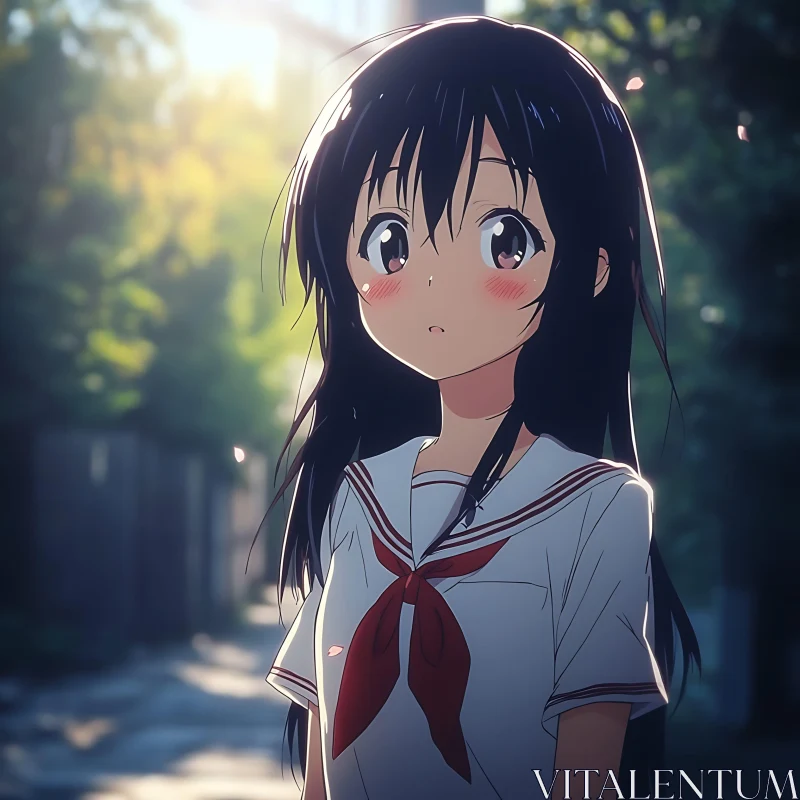 Serene Anime Schoolgirl in Nature AI Image