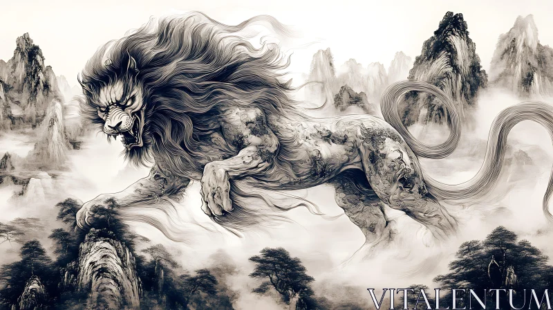 Fantastic Lion in a Dreamy Mountainscape AI Image