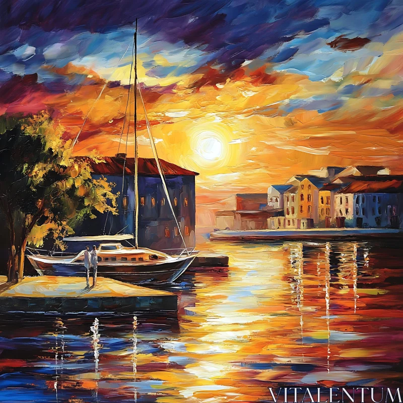 AI ART Seascape Sunset Oil Painting with Boat