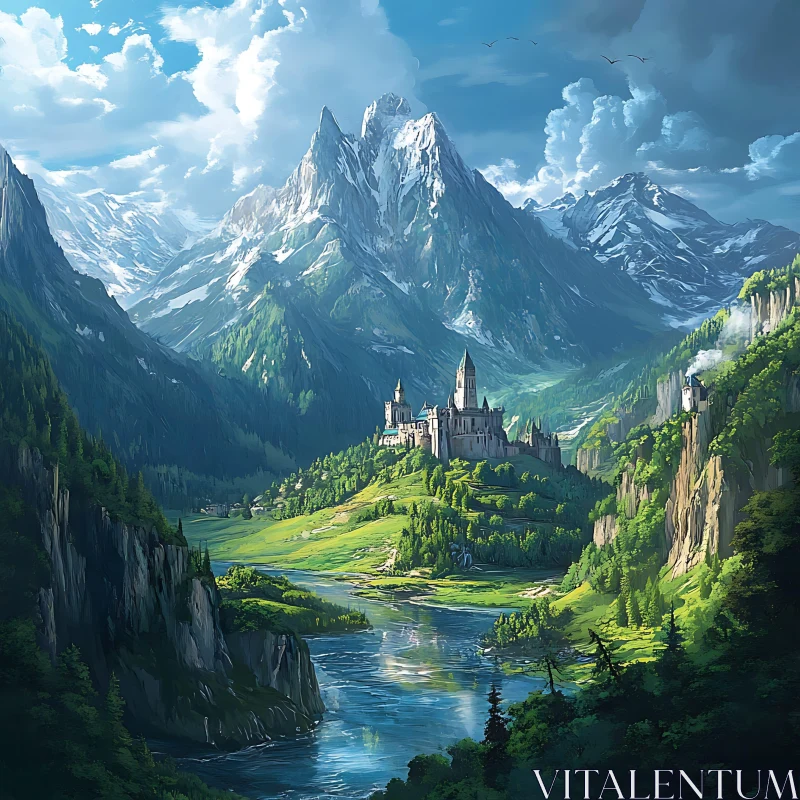 AI ART Mountain Castle Landscape with River