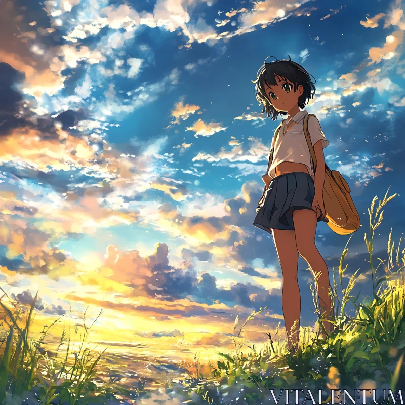 Sunset Adventure: Anime Girl in Nature AI Image