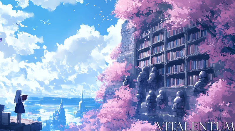 Fantasy Library in Blossom-Filled Landscape AI Image