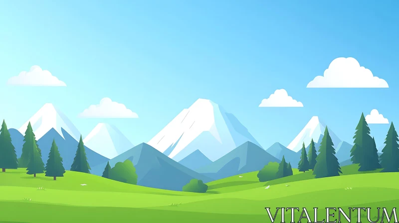 AI ART Scenic Mountain View with Trees and Clouds