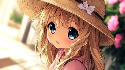 Blonde Anime Girl Wearing Summer Hat in Sunlit Outdoors