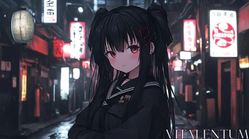 AI ART Melancholic Anime Girl in Nighttime Rain