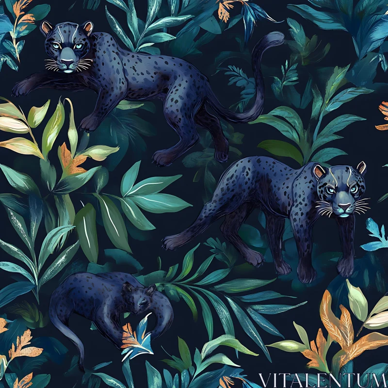 Black Panthers among Tropical Leaves AI Image