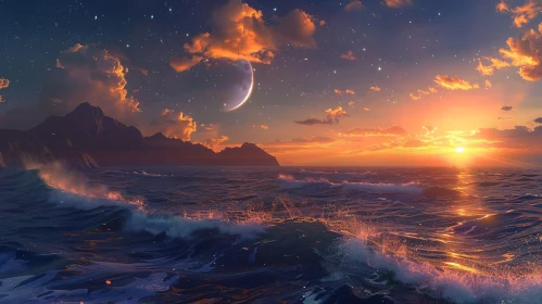 Sunset Over Waves and Mountains with Crescent Moon