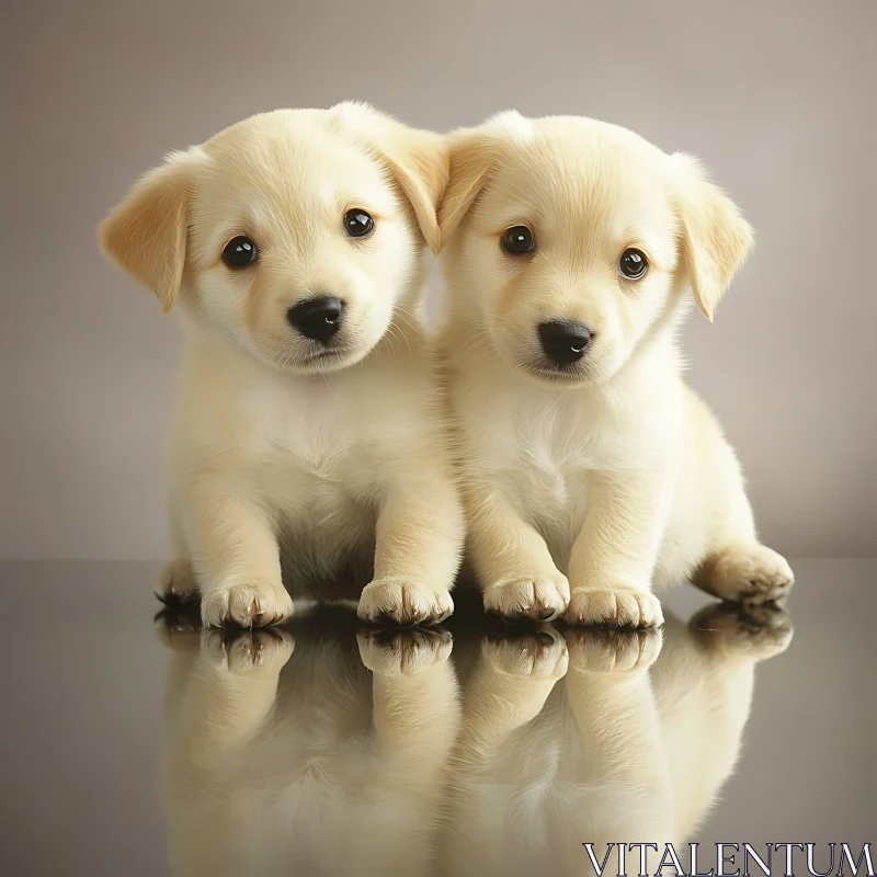 Cute Puppies with Reflection on Glossy Surface AI Image