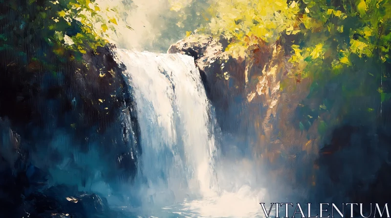 Waterfall in Forest Painting AI Image