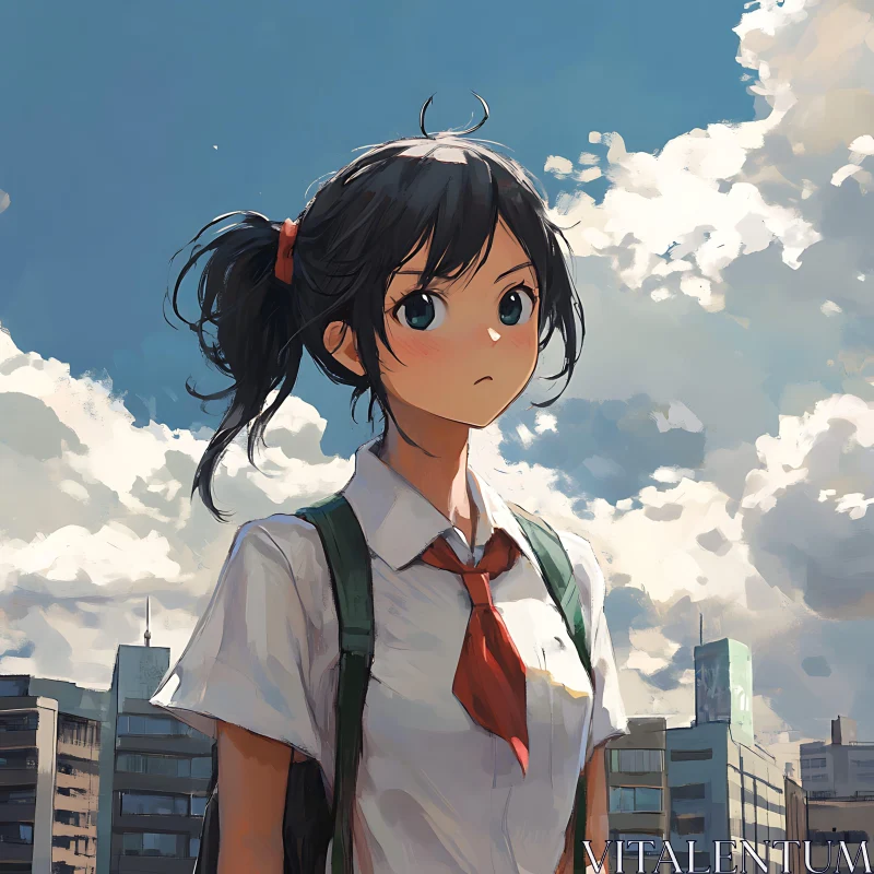 Schoolgirl Anime Art in Urban Setting AI Image