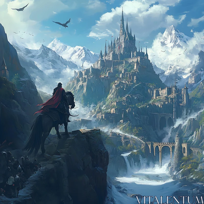 Knight Overlooking Mountain Castle Landscape AI Image