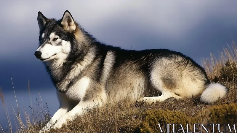 Wolf Lounging in Grassy Field AI Image