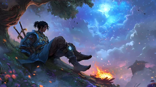 Man Resting Near Campfire Under Starry Sky