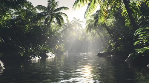 Tranquil Sunlit River in Tropical Forest