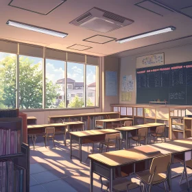 Bright Classroom with Large Windows and Organized Desks