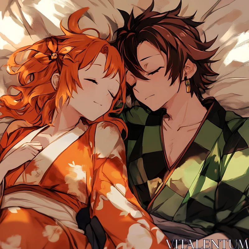 Tranquil Anime Characters Resting Together in Kimonos AI Image