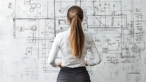 Woman Analyzing Architectural Blueprint Design