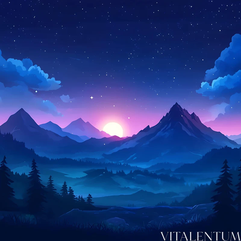 Starry Night Mountain Sunset Landscape AI Image