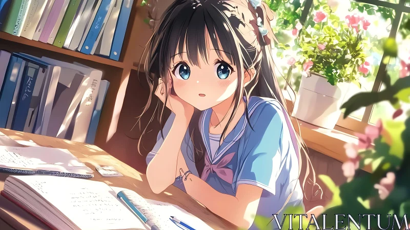 AI ART Anime Schoolgirl Immersed in Study