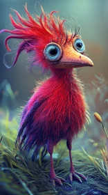 Whimsical Red-Feathered Bird with Large Eyes