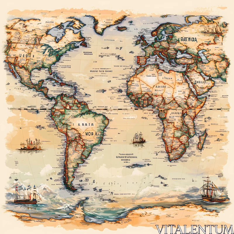 Antique Style World Map AI Image