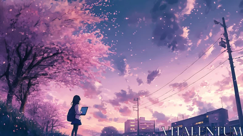 Sunset in Anime City with Cherry Blossoms AI Image