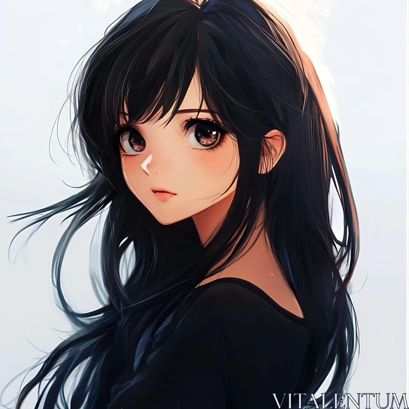 Expressive Anime Girl with Black Hair AI Image