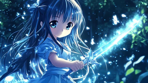 Magical Sword-Wielding Anime Girl in Enchanted Forest