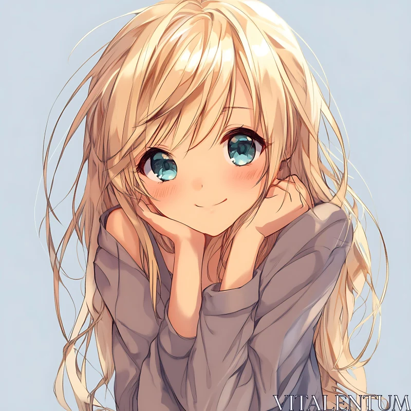 Smiling Anime Girl in Pale Blue Background AI Image