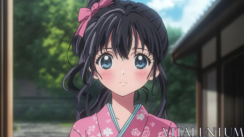 Traditional Anime Girl with Black Hair and Pink Bow AI Image