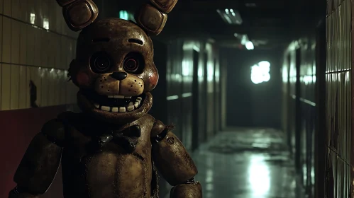 Menacing Rabbit Animatronic in Dimly Lit Hallway