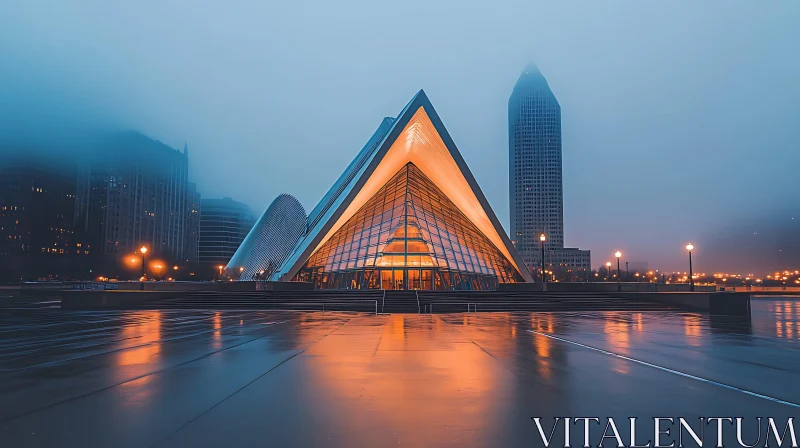 Illuminated Modern Architecture in a Foggy City AI Image