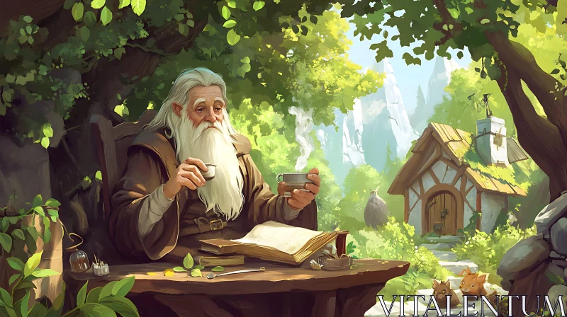 AI ART Peaceful Wizard in Forest Cottage