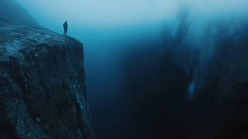 Man on Cliff Edge in Foggy Landscape