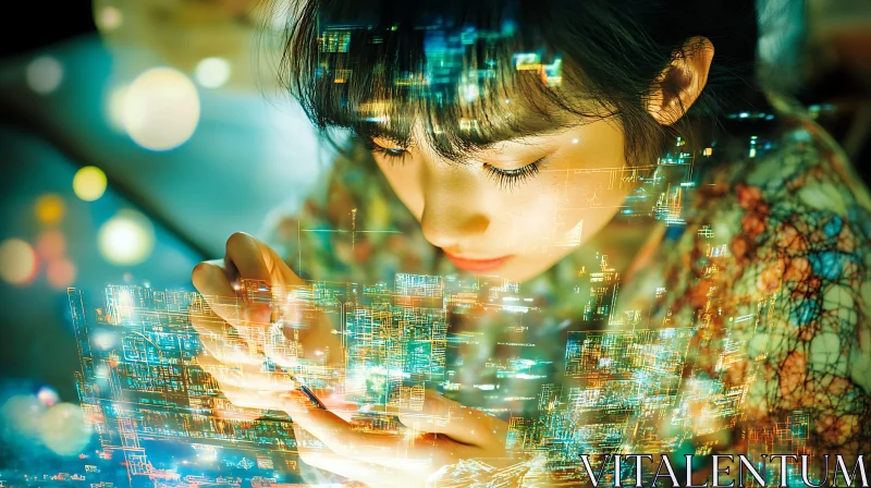 Girl Using Futuristic Glowing Device AI Image