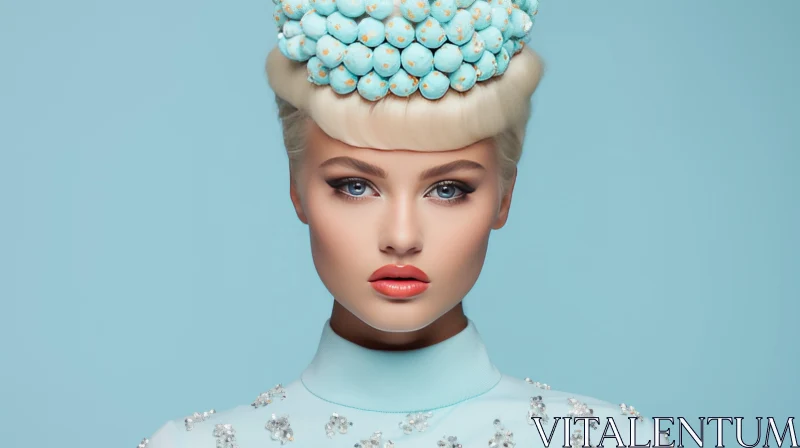 Exquisite Woman with Dome Hat on Blue Background | Contemporary Candy-Coated AI Image